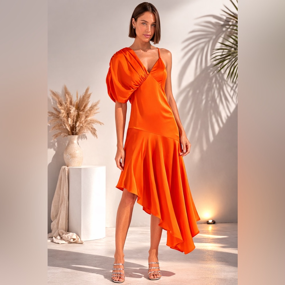 Orange Asymmetrical Ruffled Cocktail Sundress - Picture 2 of 16